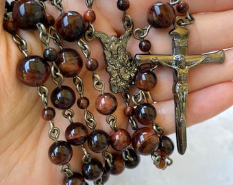 Gunmetal Nail Crucifix - Red Gemstone Rosary - St. Michael Centerpiece - Tiger Eye - Handmade in the USA – Gunmetal - Large Prayer Beads