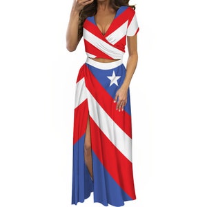 Puerto Rico Two Piece Outfit V-Neck Top and Long Skirt Set