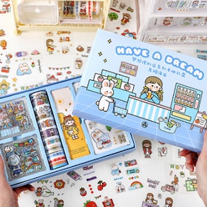 Cartoon Sticker Set Gift Box Washi Tape Adhesive Sticker Bookmark office school work from home Stationery Pack Gift for student reward