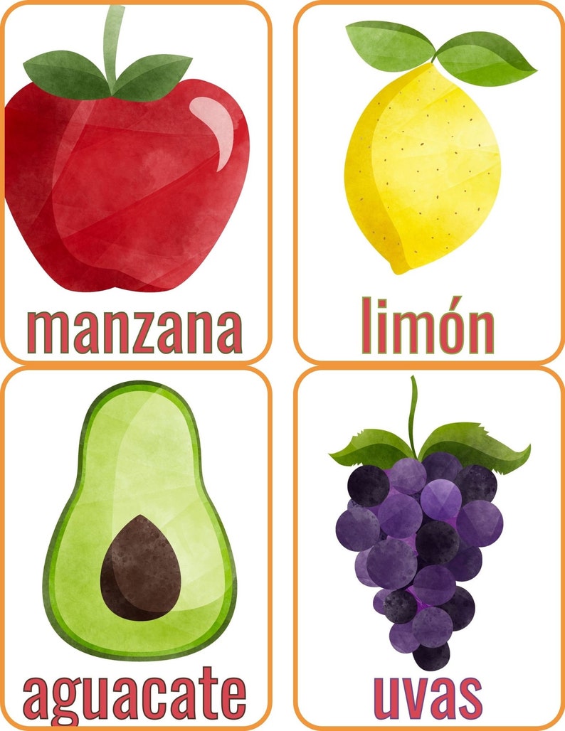 Spanish Fruits Flashcards Printable Preschool Homeschool Classroom
