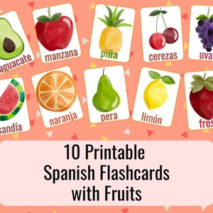 Spanish Fruits Flashcards Printable | Preschool Homeschool Classroom Activities | Toddler Flashcards