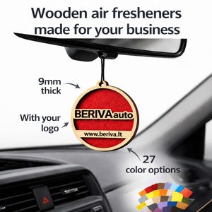 Puede incluir: Ambientadores de madera para tu negocio. El ambientador redondo, de 9 mm de grosor, tiene un centro rojo con el texto "BERIVA auto" y un sitio web. La imagen muestra 27 opciones de color y el texto "Con tu logo".