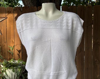1990s Vintage “Boat” Plain White sleeveless Women’s Sweater size Medium by Sweaters USA Inc., Summer, Beach, Fashionwear.