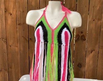 Vintage Fringe trim Tie Backless Halter Knit Top, Fringe Bikini Halter crop top one size, Green/Black/White Fringe top.