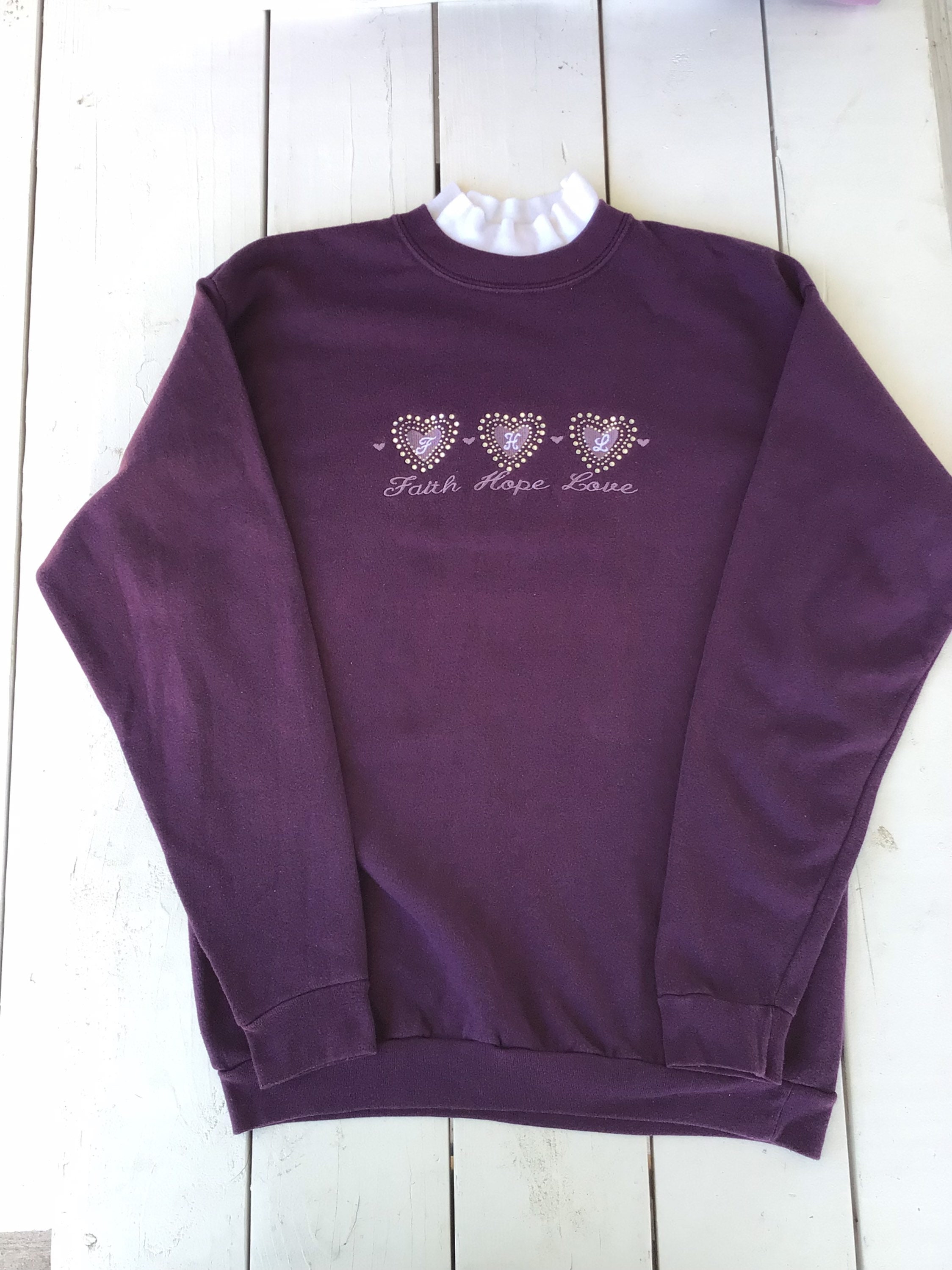 Vintage 90s “Faith Hope Love” Mock Neck Crewneck Pullover Sweatshirt Size L, Vintage Grandma Sweater, Cute, Love, 90s.