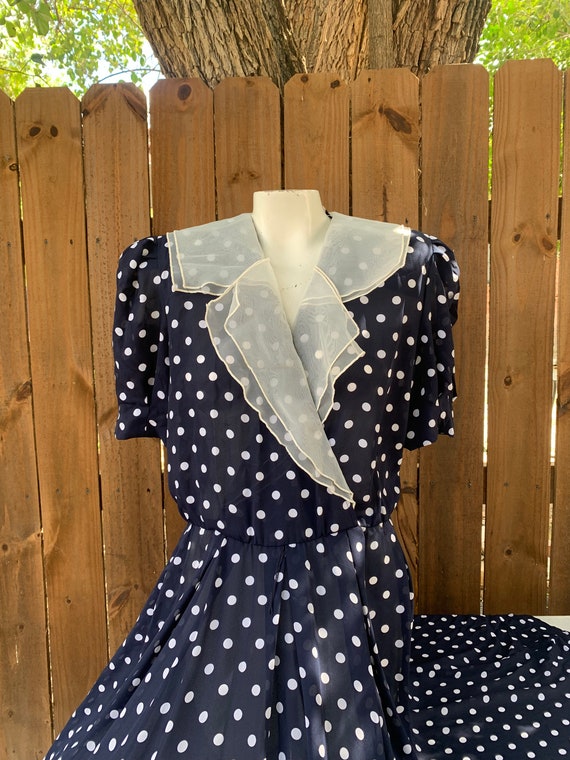 Vintage Ms. Chaus Navy Blue polka dots dress size 