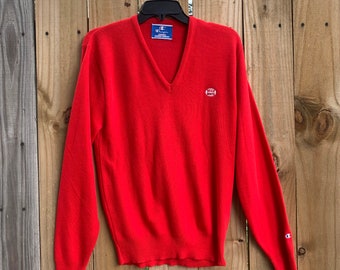 80er Vintage “Beer Nuts” Champion V-Ausschnitt roter Pullover Größe Medium.