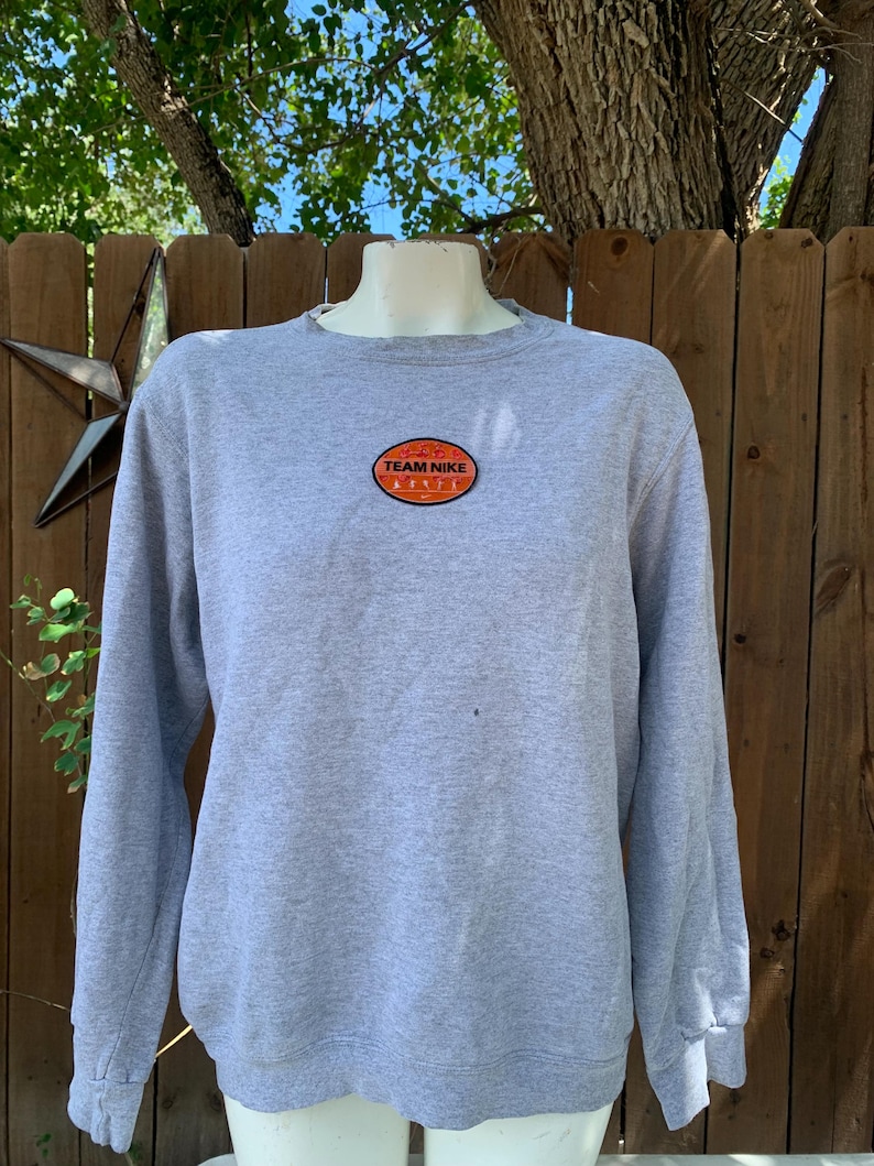 May include: A light gray sweatshirt with long sleeves. The sweatshirt features a small, oval patch on the chest with the words "TEAM NIKE" in orange and white. The background includes a wooden fence and foliage.
