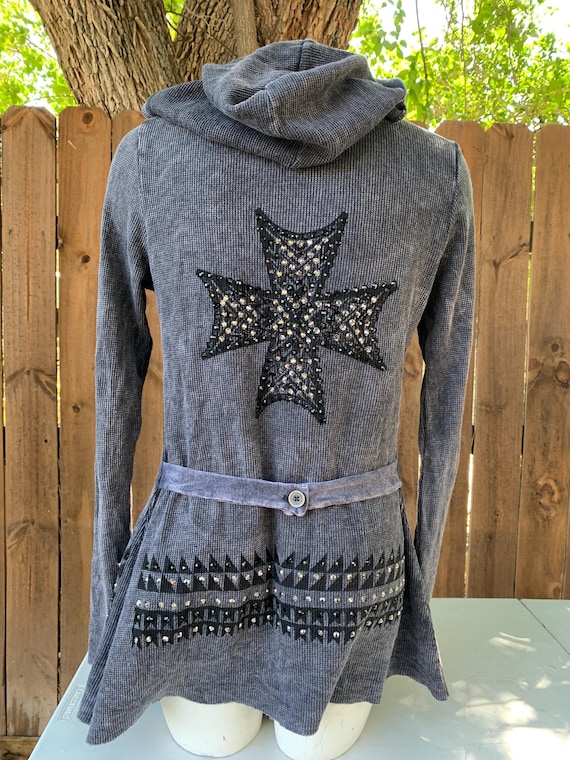 Y2K Vintage Gothic Cross Rhinestones Ladies Cardigan, Black/gray