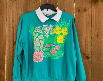 Vintage 80-90s Blair Floral collared sweatshirt size Large, Vintage Grandma sweater size L, Cute, Cottagecore.