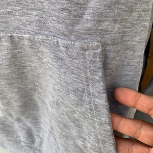 May include: Close-up of a gray hoodie with a kangaroo pocket. The fabric has a heathered texture, and the pocket is sewn into the front. The hoodie appears to be made of a soft, comfortable material.