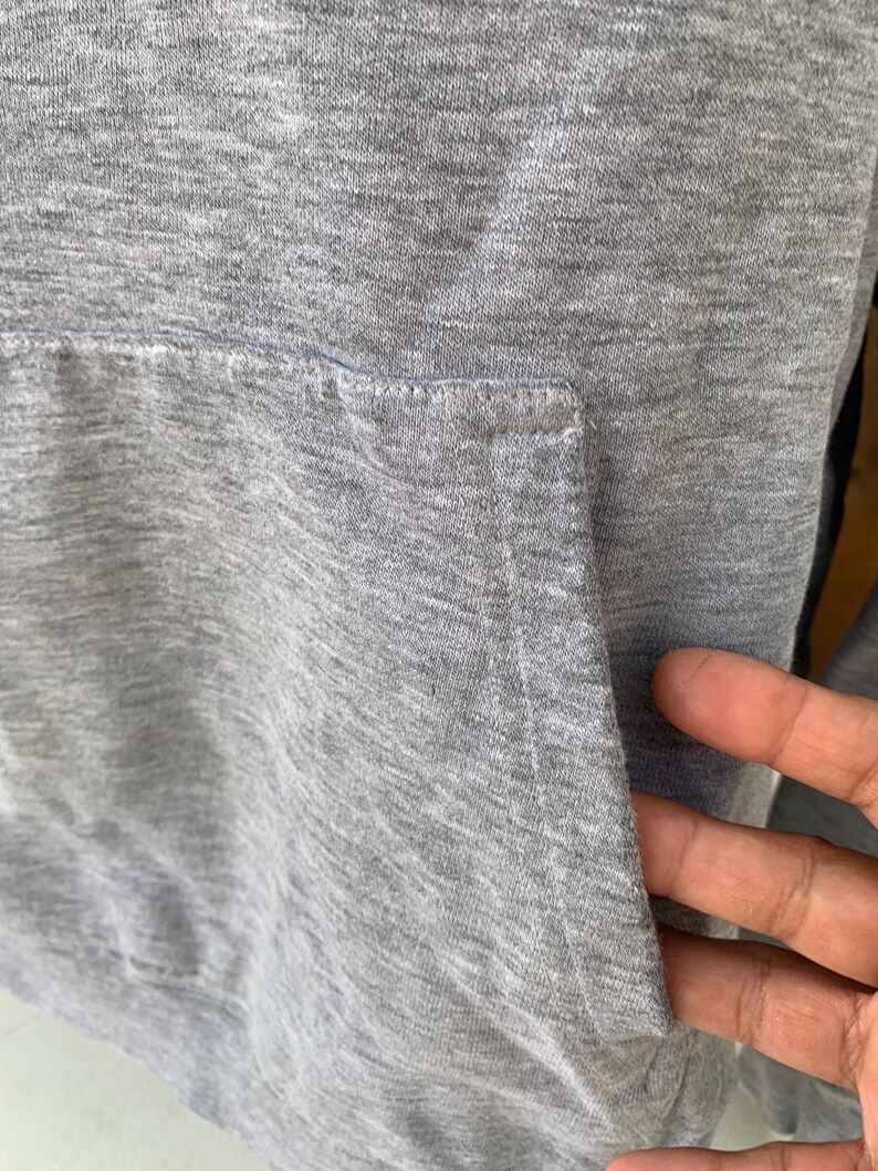 May include: Close-up of a gray hoodie with a kangaroo pocket. The fabric has a heathered texture, and the pocket is sewn into the front. The hoodie appears to be made of a soft, comfortable material.