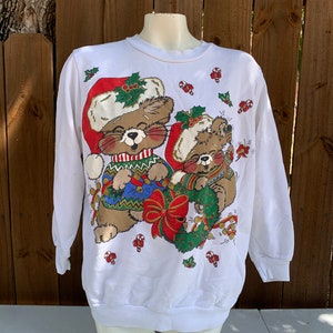 90’s Vintage “Adorable animals” Christmas Sweatshirt size M/L, Vintage White ugly sweater, Christmas, Holiday, Cute Mice.