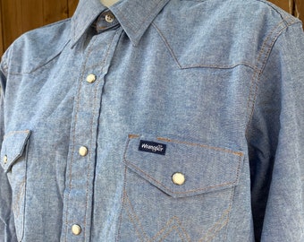 80's Vintage Wrangler Preshrunk Snap Button Shirt Size 16 1