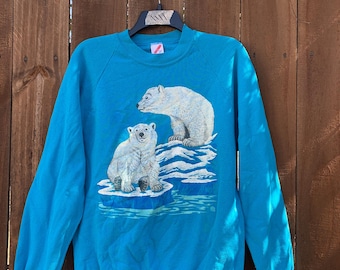 1990s Vintage “Polar Bears “ raglan Sleeve sweatshirt size Large Made in USA by Jerzees 50/50 Cotton/polyester.