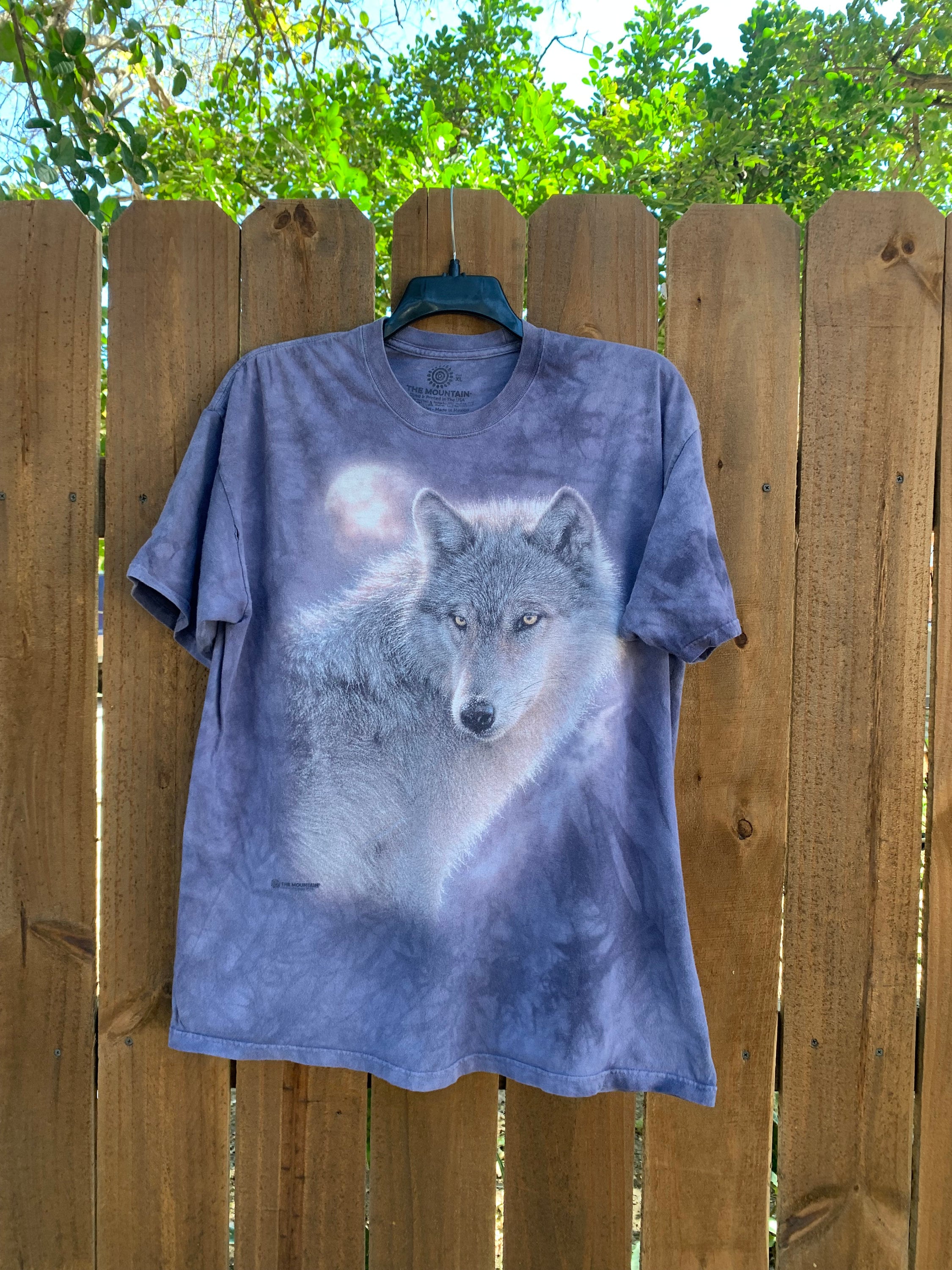 ヴィンテージ「ウルフ」ブルータイダイメンズTシャツ、自然、動物