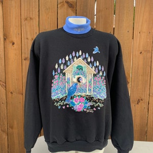 Vintage 90’s Julie Harris pullover sweatshirt size Large, USA turtleneck sweatshirt, Birds Flowers sweatshirt.