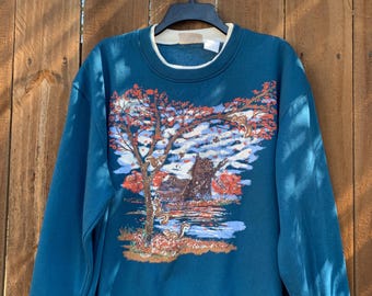1990s Vintage “Beautiful village” mock neck Grandma Sweater size Medium by Basic Editions, Autumn, Holidays, Winter.