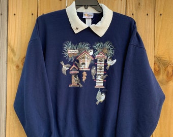 Vintage 90s Morning Sun grandma sweatshirt size 3X, Vtg “Bird house “ blue collared sweatshirt, Oversized, Cute, Vintage, Jumper.