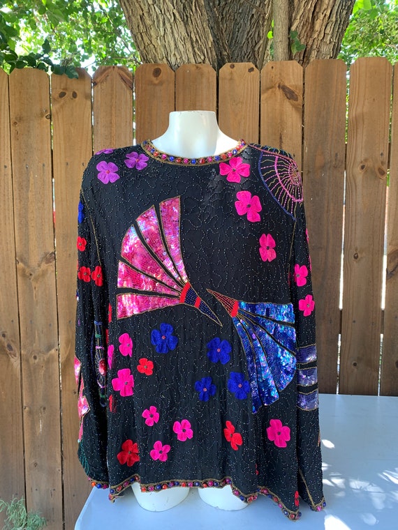 1980s Sequin and Beaded Silk Floral Party Blouse s
