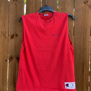 Maglietta senza maniche da uomo Champion Vintage anni &#39;90, taglia media, canotta rossa True Vintage.