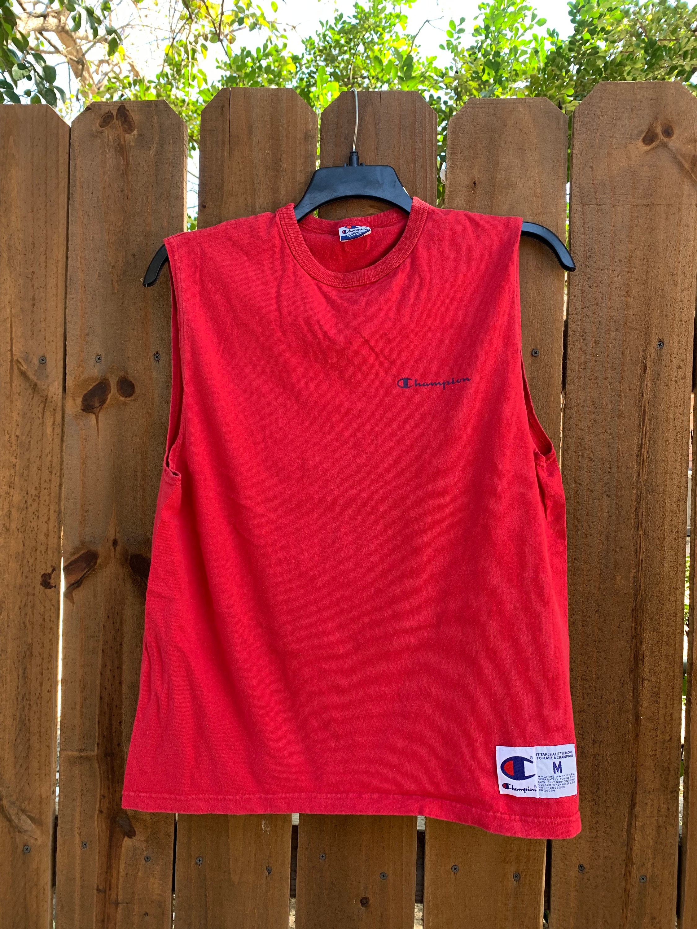 SinaiVintage 90 s Vintage Champion Men s Sleeveless T Shirt Size Medium True Vintage Red Tank Top