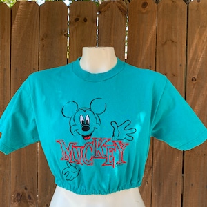 90’s Vintage Mickey Mouse Embroidered custom reworked crop top size S/M, True Vintage tee by Velva Sheen, Cute, Upcycled, Nostalgia.