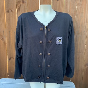 Blusa preta vintage Stefano de manga comprida com zíper dos anos 90, blusa preta com botões, tamanho médio e grande.
