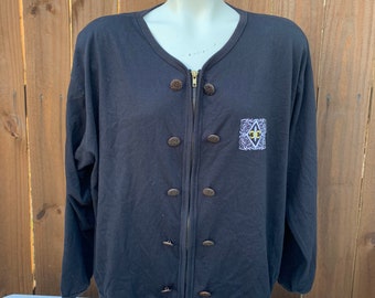 Vintage 90s Stefano black zip up long sleeve top, Button black top size Medium oversized.