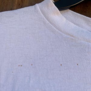 Pu&ograve; includere: Primo piano di una maglietta bianca con scollo tondo. La maglietta presenta diverse piccole macchie marroni sul davanti. La maglietta &egrave; appesa a una gruccia nera.