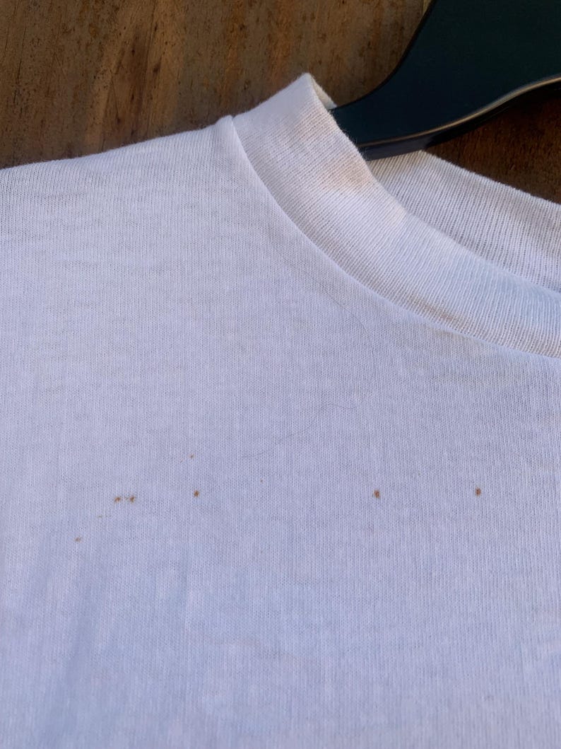 Pu&ograve; includere: Primo piano di una maglietta bianca con scollo tondo. La maglietta presenta diverse piccole macchie marroni sul davanti. La maglietta &egrave; appesa a una gruccia nera.