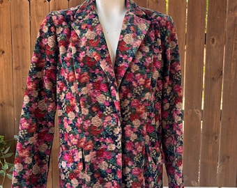 Blazer vintage floral en velours Donovan Galvani of Dallas pour femmes, taille 12, léger, tendance, années 90, mignon, modeste.