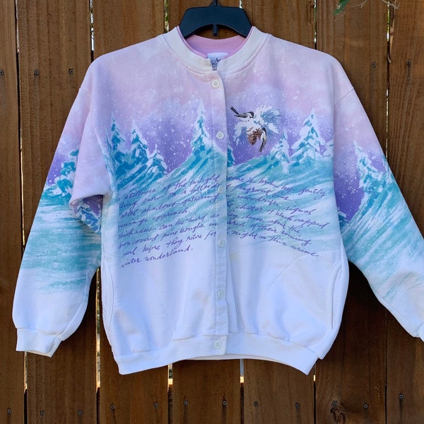 Vintage 90’s Artisans All over print cardigan sweatshirt size Large, White/Pink Vintage button up sweatshirt with pockets.