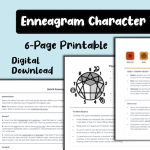 May include: A printable digital download of Enneagram Character Tools. The image shows a black and white Enneagram chart with the numbers 1 through 9. The text "6-Page Printable" and "Digital Download" are also visible.