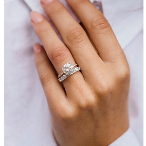 Anniversary Ring Sets, 1.00 shops CT Round Brilliant Cut Simulated Diamond Engagement Ring, 14K Rose Gold Ring, White Gold Eternity Wedding Band