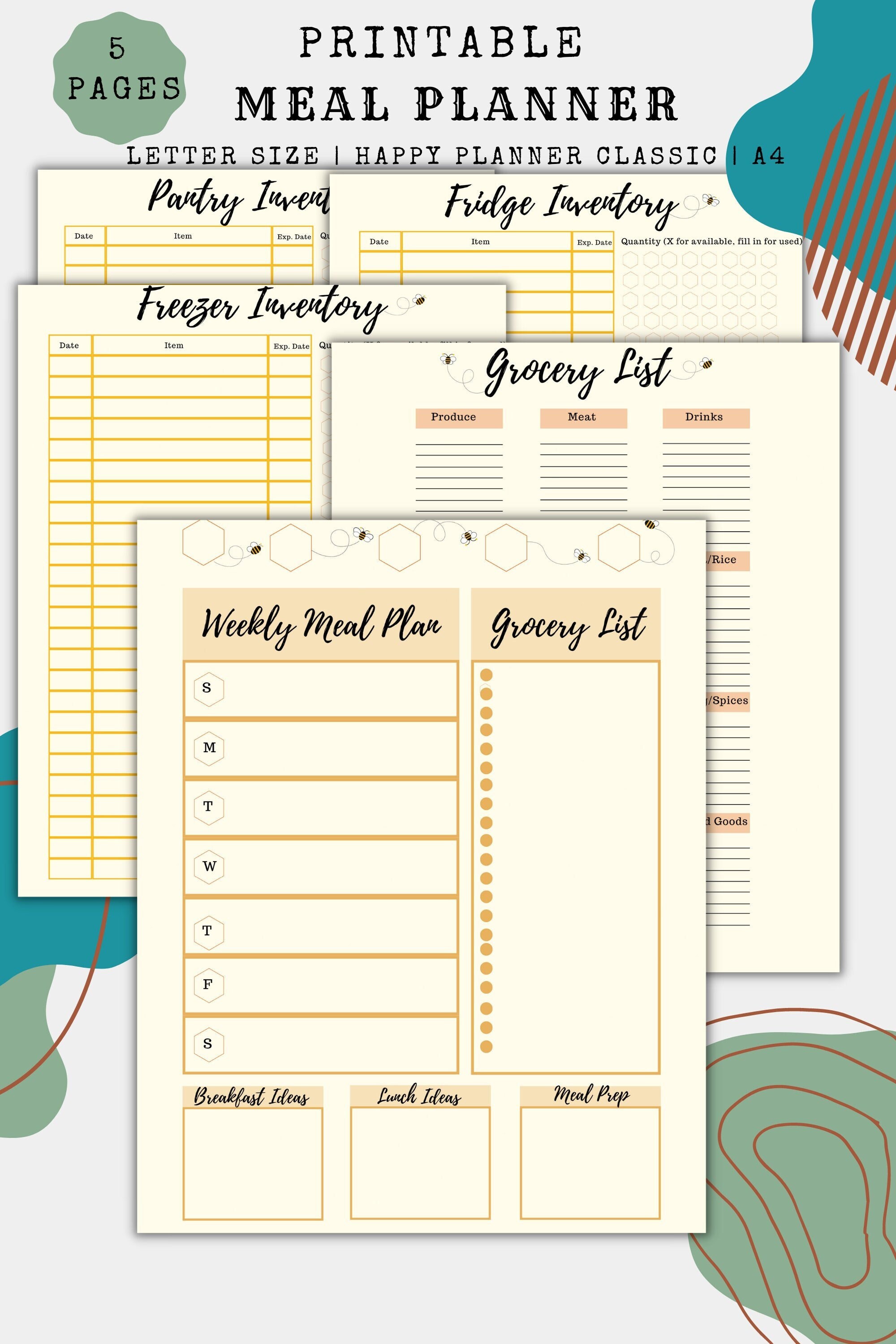 5 Pg Meal Planning Templates, Weekly Meal Planner, Grocery