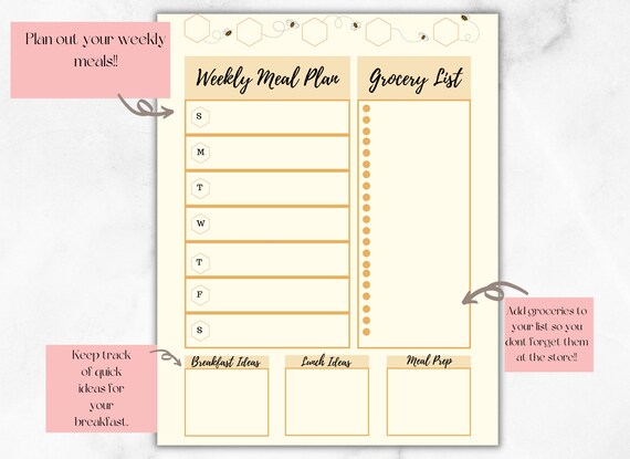 5 Pg Meal Planning Templates, Weekly Meal Planner, Grocery