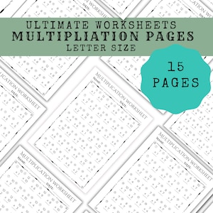 May include: A set of 15 printable multiplication worksheets for children. Each worksheet features a grid of multiplication problems with a space for the answer. The worksheets are designed to help children practise their multiplication facts.