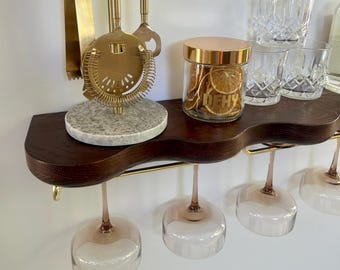 Floating Oak Bar Shelf | Modern Wavy Wine Glass Holder