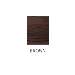 May include: A square swatch of dark brown wood featuring a visible, horizontal grain pattern. Below the square, the word BROWN is printed in a simple, black, sans-serif font. The overall presentation is clean, clear, and focused on the color.