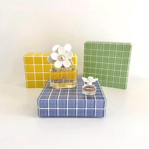 May include: Two bottles of Daisy Marc Jacobs perfume, one large and one small, with white flower-shaped caps. The bottles sit on a blue tiled surface, with yellow and green tiled blocks in the background. The perfume bottles are clear.