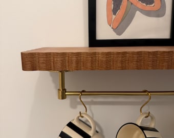 Floating Coffee Bar Shelf | Floating Oak Shelf | Kitchen Display Shelf | Scalloped Shelf | Decorative Wall Wood Shelves | Brass Hooks