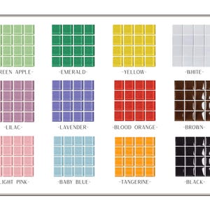 May include: A grid of twelve color swatches, each composed of small square tiles. Colors include green apple, emerald, yellow, white, lilac, lavender, blood orange, brown, light pink, baby blue, tangerine, and black. Each color is labeled.