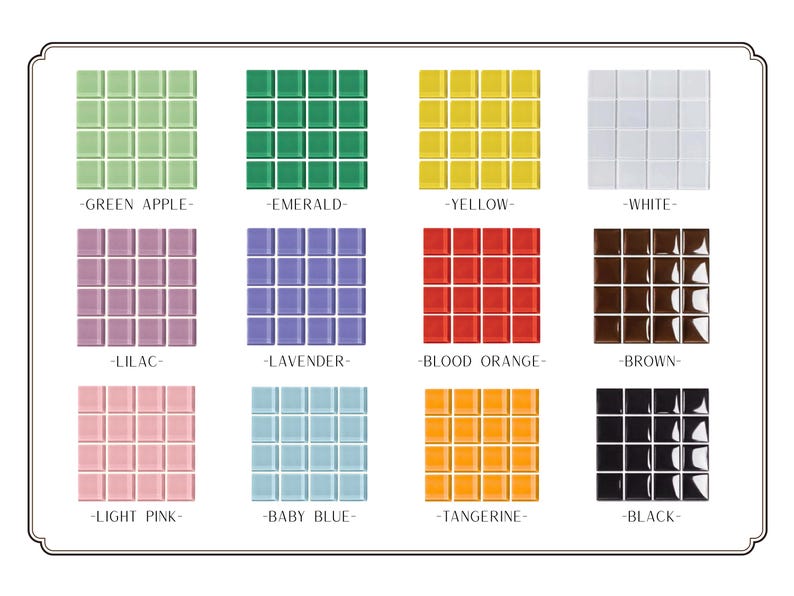 May include: A grid of twelve color swatches, each composed of small square tiles. Colors include green apple, emerald, yellow, white, lilac, lavender, blood orange, brown, light pink, baby blue, tangerine, and black. Each color is labeled.