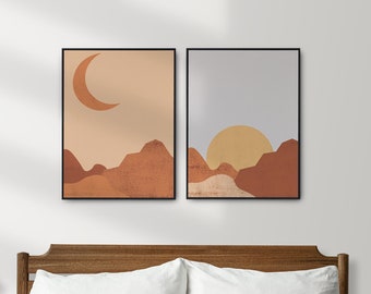 Sun and Moon Abstract Landscape Art, Boho Desert Sunset Printable Poster Wall Art, Set of 2, Mid Century Modern Wall Art, Geometric Art.