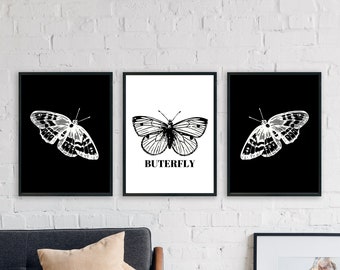 Zwart-witte vlinderprintkunst, set van 3 zwart, minimalistisch huis, zwart-witte muurkunst, monochroom decor, digitale prints