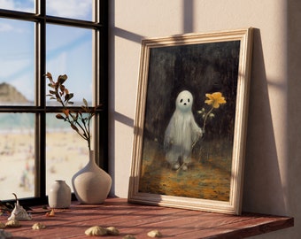 Cute Ghost Halloween Home Decor, Halloween Wall Decor, Art Poster Print, Halloween Wall Art, Cute Ghost With Flower Print, Vintage Poster