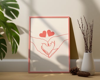 Love Hands print Wall Art, Hand Printable Art, Hand Poster, Hand Heart Printable, Minimal Abstract Illustration Poster, Heart line art