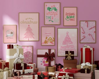 100 Pink Christmas Print Set, Xmas Printable Wall Art, Christmas Wall Art, Pink Wall Decor, Christmas Decor, Christmas Wall Wrints
