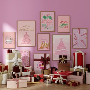 100 Pink Christmas Print Set, Xmas Printable Wall Art, Christmas Wall Art, Pink Wall Decor, Christmas Decor, Christmas Wall Wrints